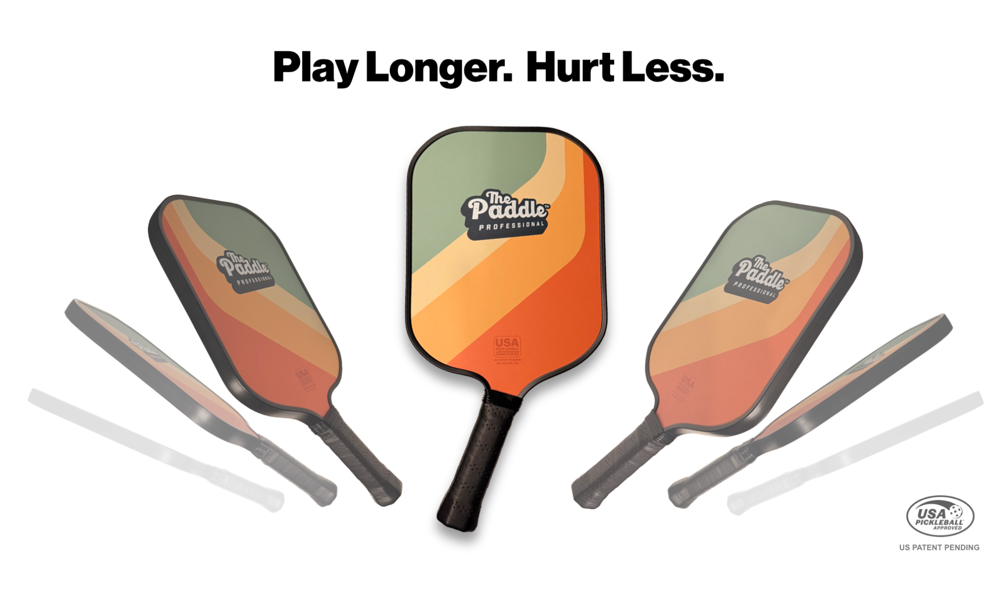 Three pickleball paddles with a gradient design on a white background, featuring the brand 'The Paddle'.